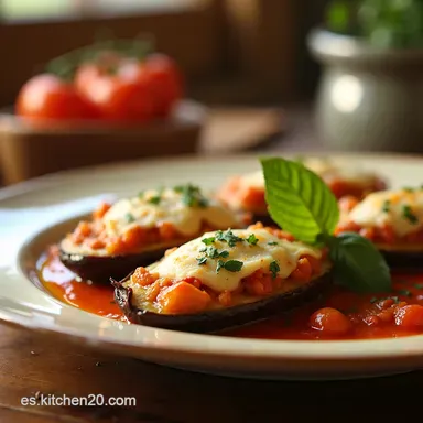 Berenjenas Rellenas a la Espa&ntilde;ola Receta Casera con Sofrito y Queso Gratinado Tarjeta de receta