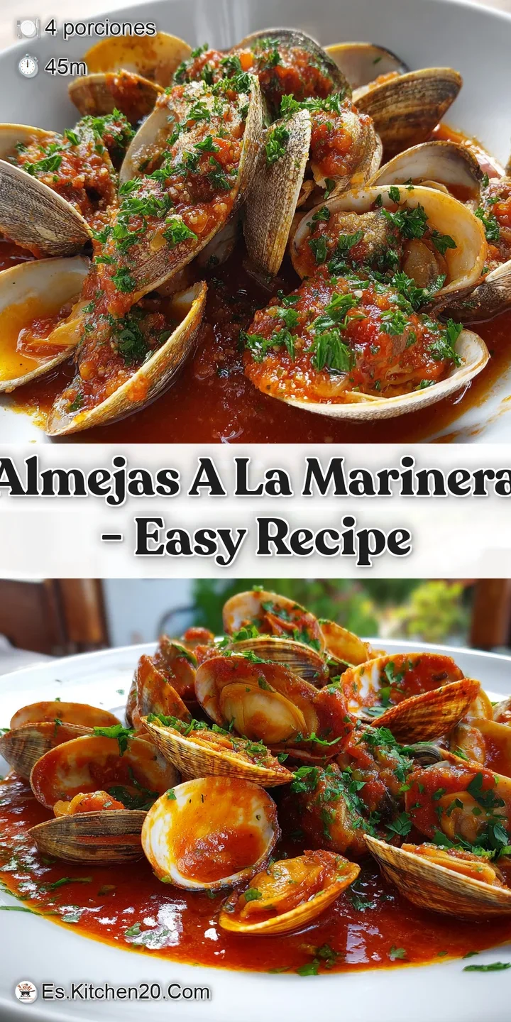 Close-up of plump, juicy clams in a flavorful marinera sauce. The vibrant red sauce and fresh parsley create an inviting d...