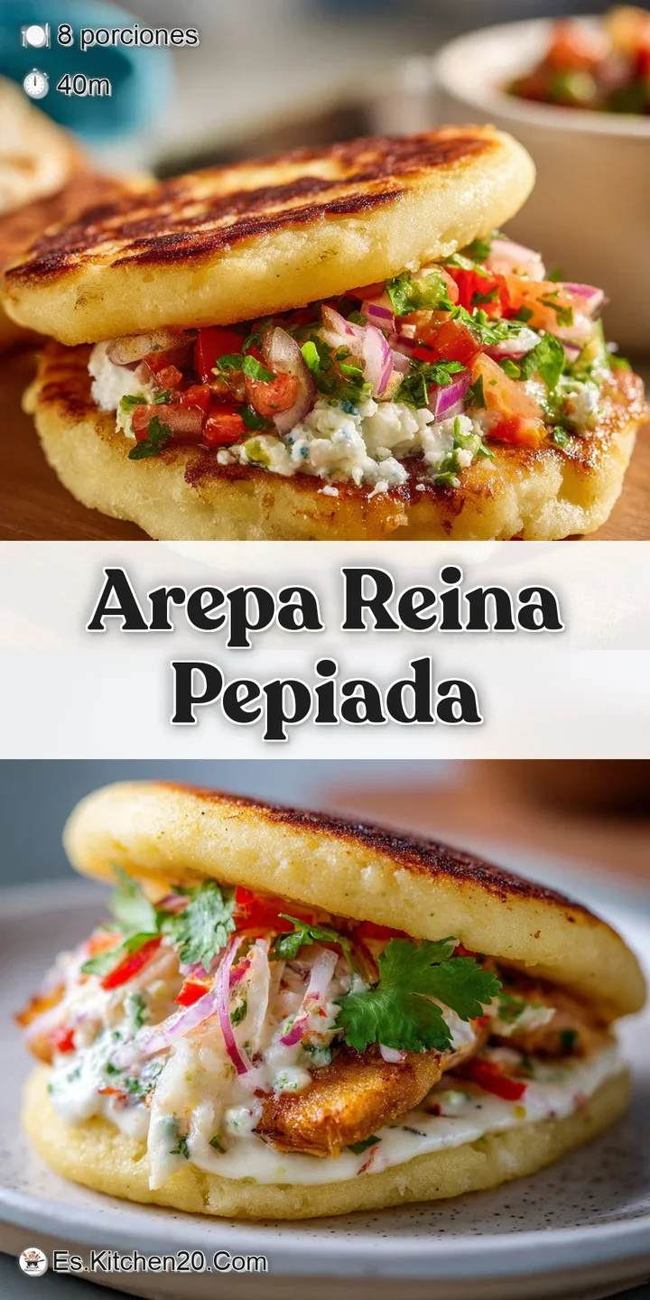 Close-up reveals the smooth texture of avocado chicken salad spilling from a warm arepa, promising a flavorful bite.