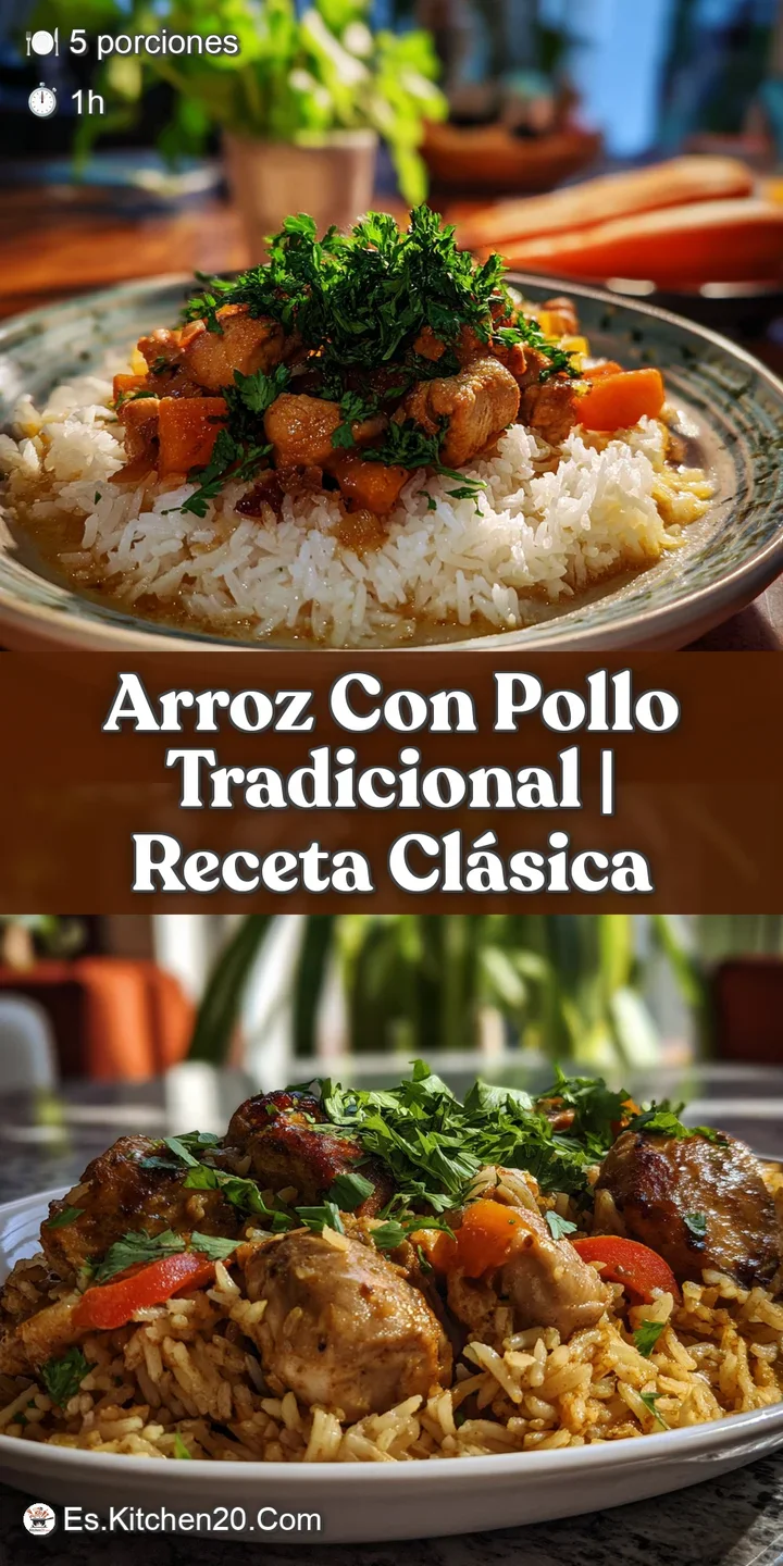 Close-up shows the glistening surface of the arroz con pollo; juicy chicken, speckled with peppers & peas, fragrant herbs ...