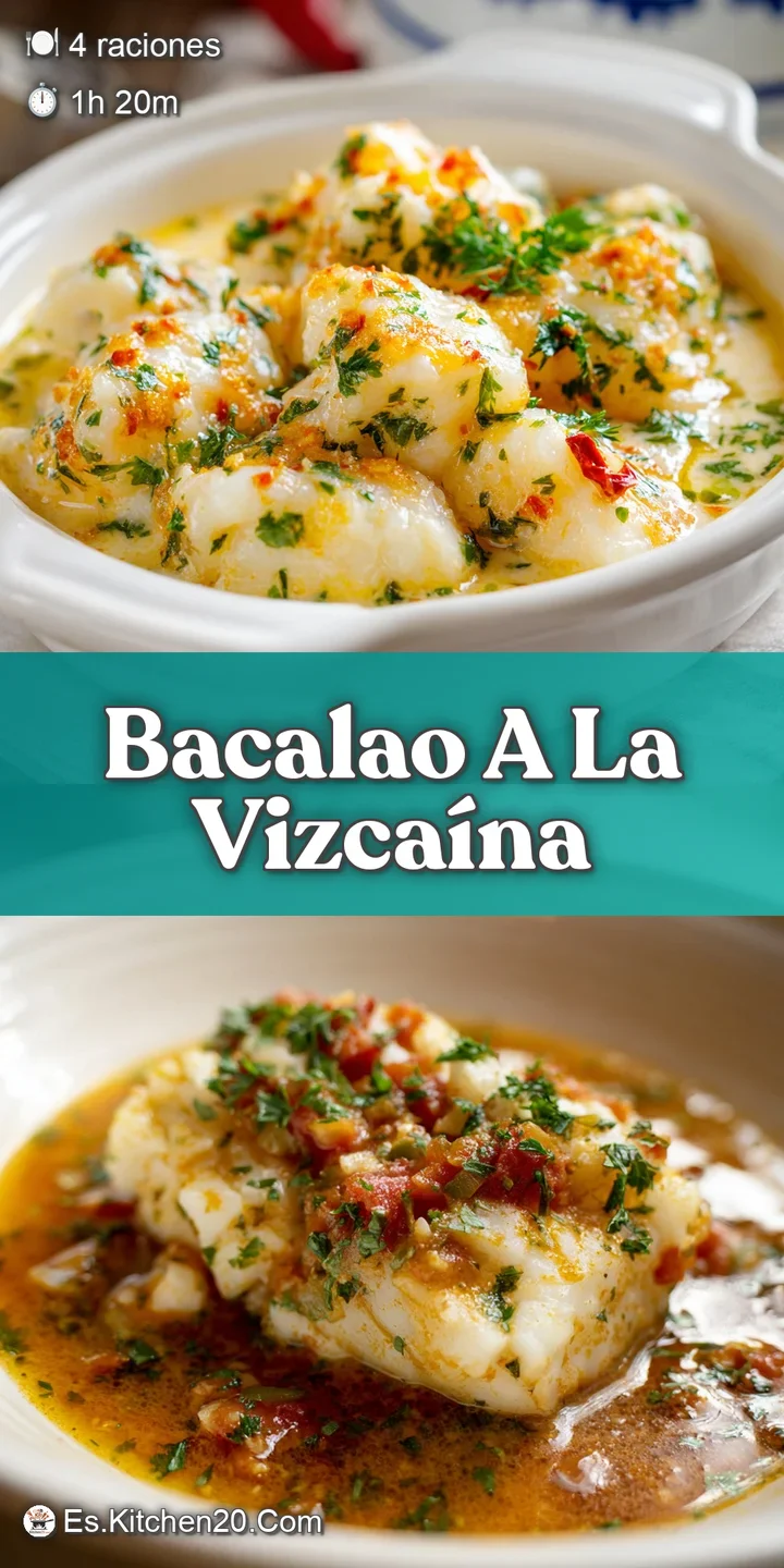 Close-up of bacalao: Tender cod flakes bathed in a deep red sauce, dotted with green olives and red bell peppers.