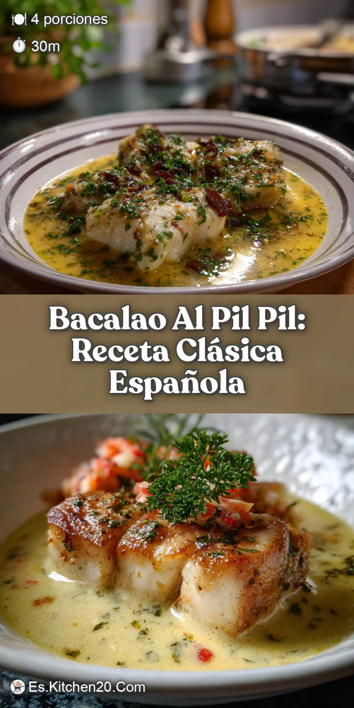 Close-up of Bacalao al Pil Pil showcasing the delicate texture of the cod, the glossy, bubbling sauce, and flecks of fresh...
