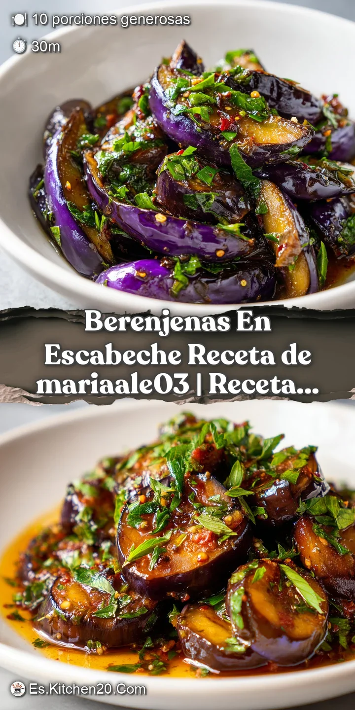 Close-up showing the moist, tender texture of the eggplant escabeche; herbs and spices visible, appetizing oily sheen, ric...