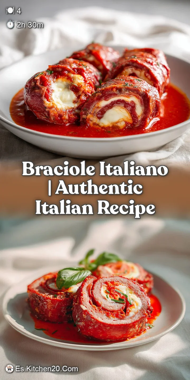 Close-up of a juicy beef roll slice showing a savory filling of melted cheese and herbs in a rich, bubbling sauce.