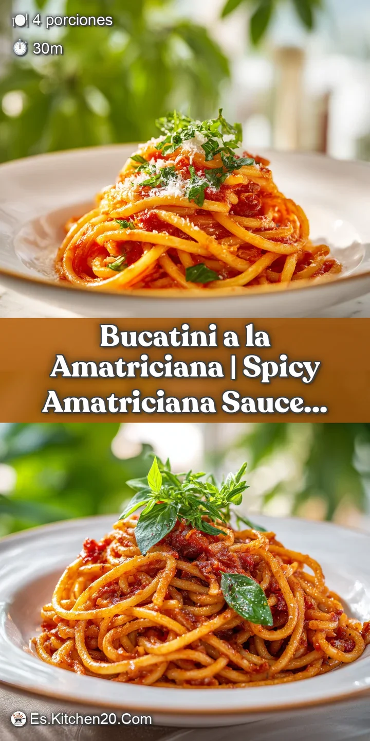 Close-up of glossy bucatini pasta glistening in a rich, red tomato sauce with chunks of savory guanciale and white cheese.