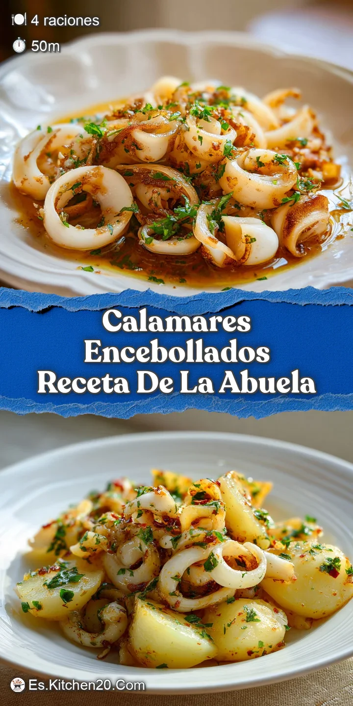 Close-up of tender calamari rings coated in a luscious, dark amber onion sauce. Steam gently rises, promising warm flavors.