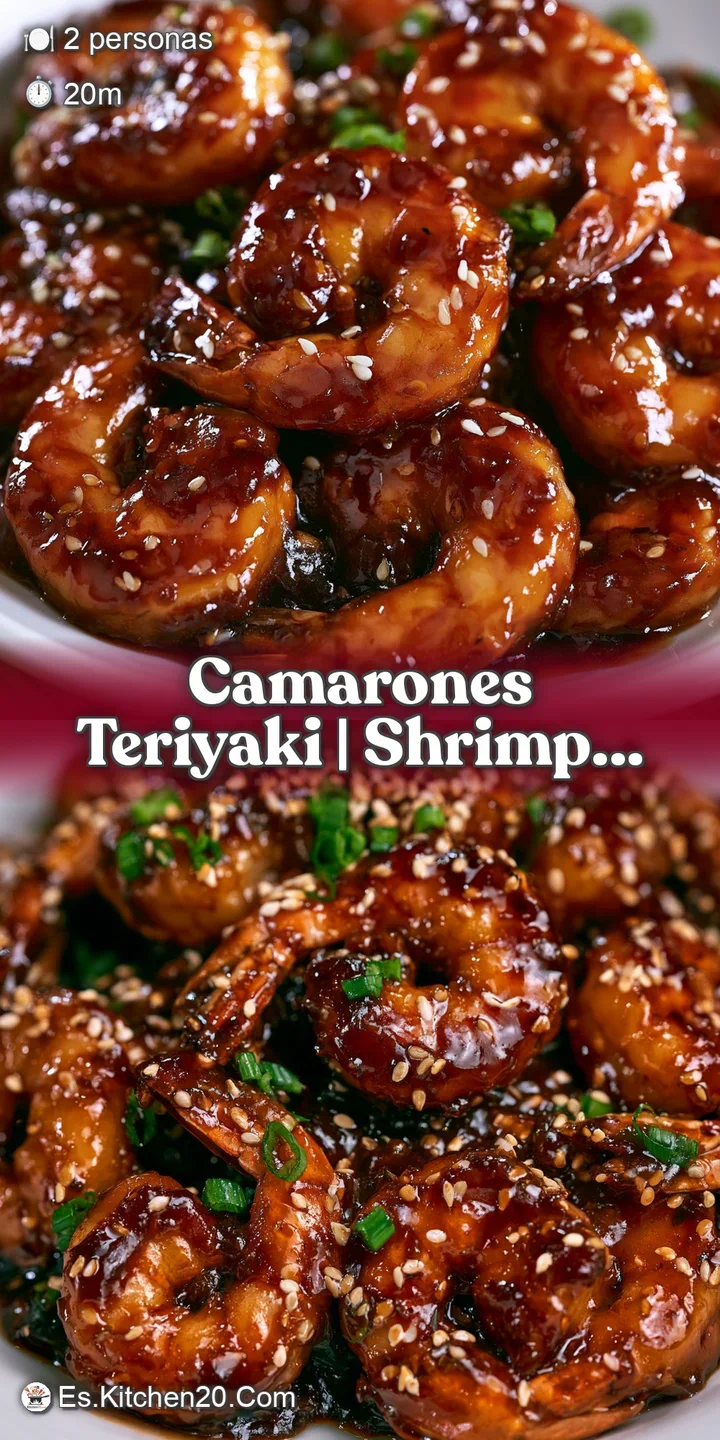 Primer plano de un camar&oacute;n jugoso cubierto de salsa teriyaki espesa y brillante, con peque&ntilde;os granos de s&eacute;samo tostado.