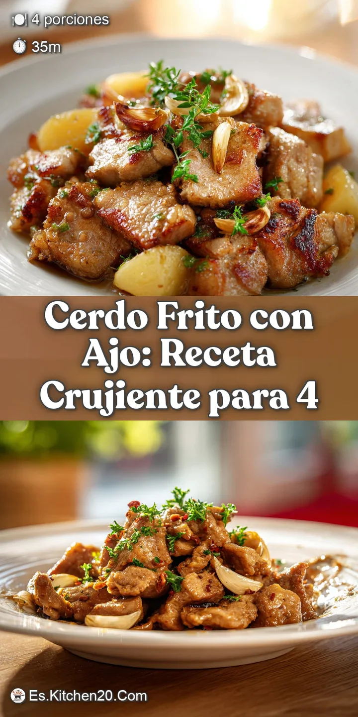 Close-up showcasing the irresistible, crunchy texture of golden-brown fried pork, accented by flecks of toasted garlic and...