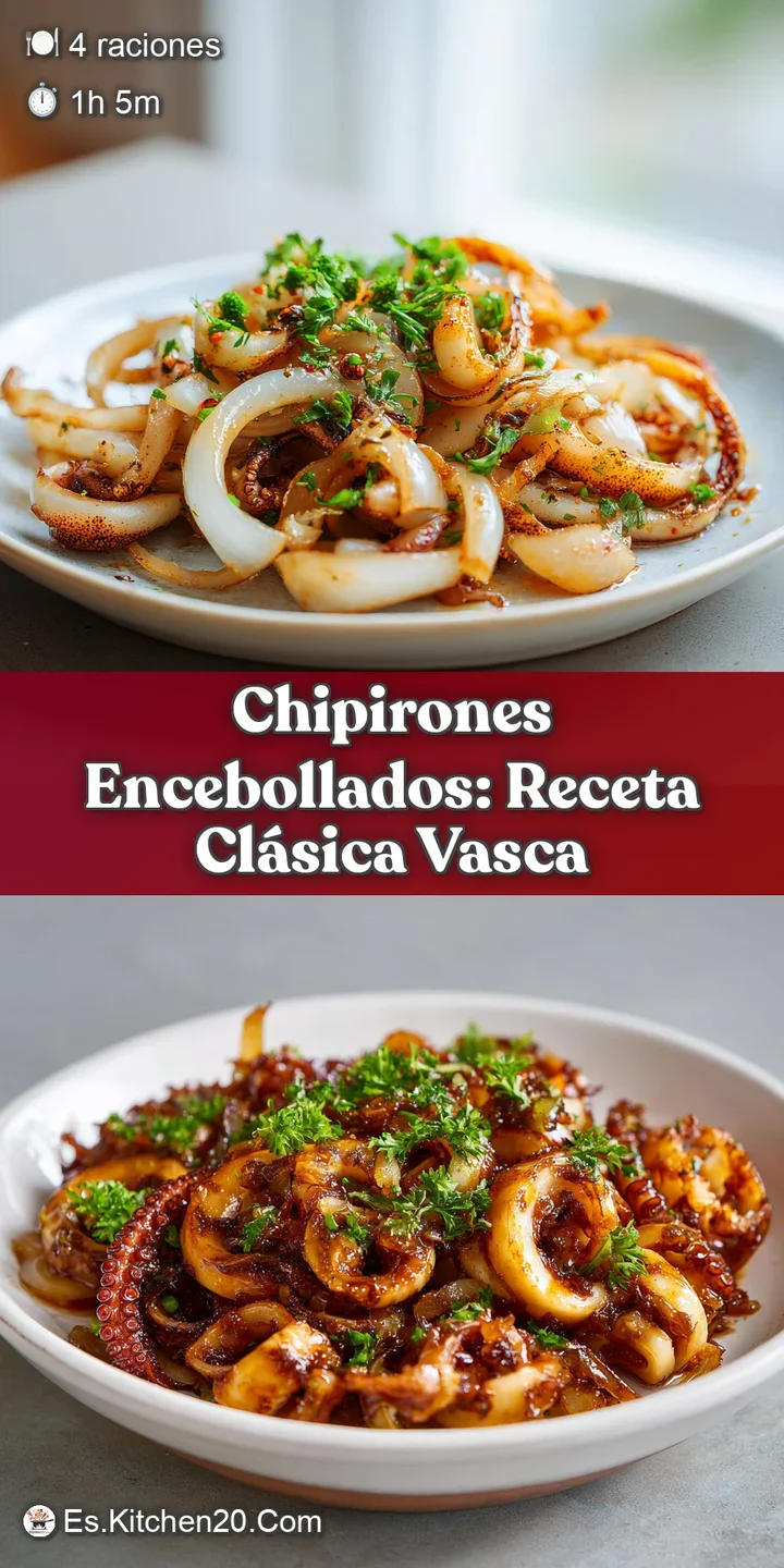 Close-up of succulent squid rings swimming in a deeply savory, mahogany-colored onion sauce, flecked with fresh green pars...