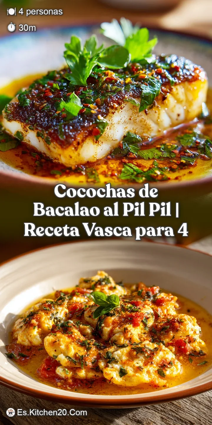 Appetizing close-up of shimmering, gelatinous cod cheeks bathed in a creamy, light yellow pil pil emulsion with visible bu...