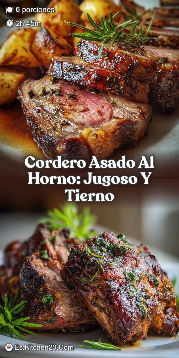 Close-up reveals the rich, dark crust of the roasted lamb, and the soft, inviting texture of the potatoes beneath.