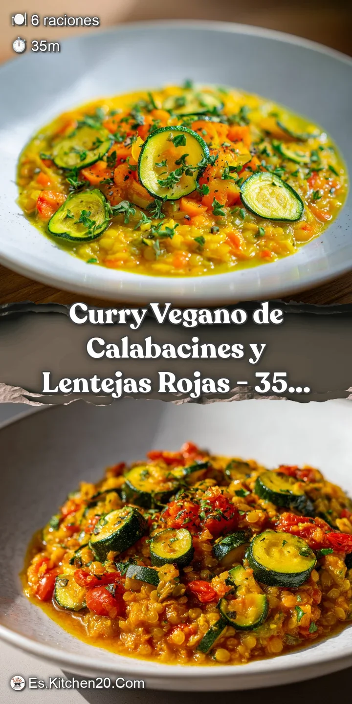 Close-up of a spoon lifting a scoop of rich, textured red lentil curry with tender zucchini, showcasing vibrant colors and...