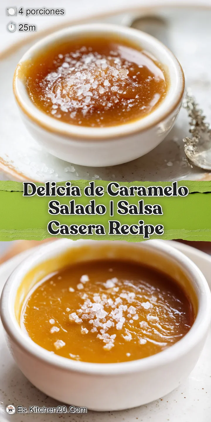 Primer plano de una textura suave y cremosa cubierta por caramelo fundido y brillante con granos de sal resaltando.