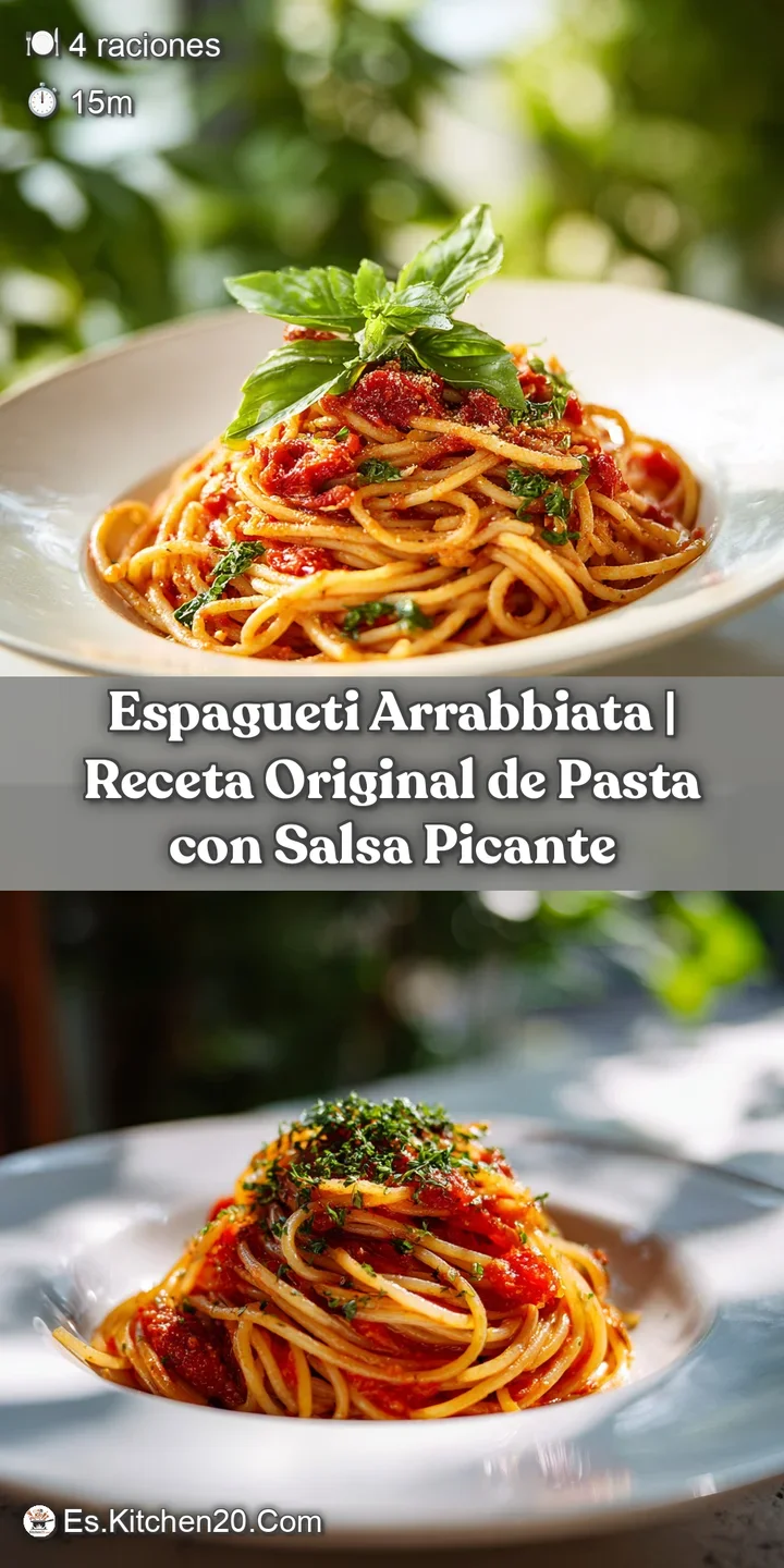 Close-up of glistening spaghetti strands coated in a rich, spicy red arrabbiata sauce, with flecks of chili.