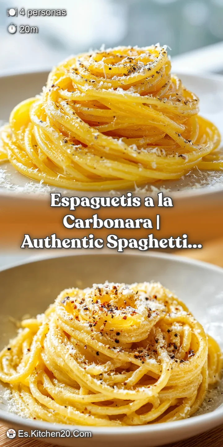 Primer plano de pasta brillante ba&ntilde;ada en salsa espesa y amarilla, con trozos de tocino tostado y grano de pimienta.