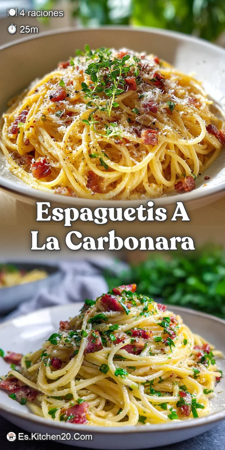 Close-up of carbonara: creamy sauce clinging to spaghetti, dotted with crispy browned pancetta and cracked black pepper.