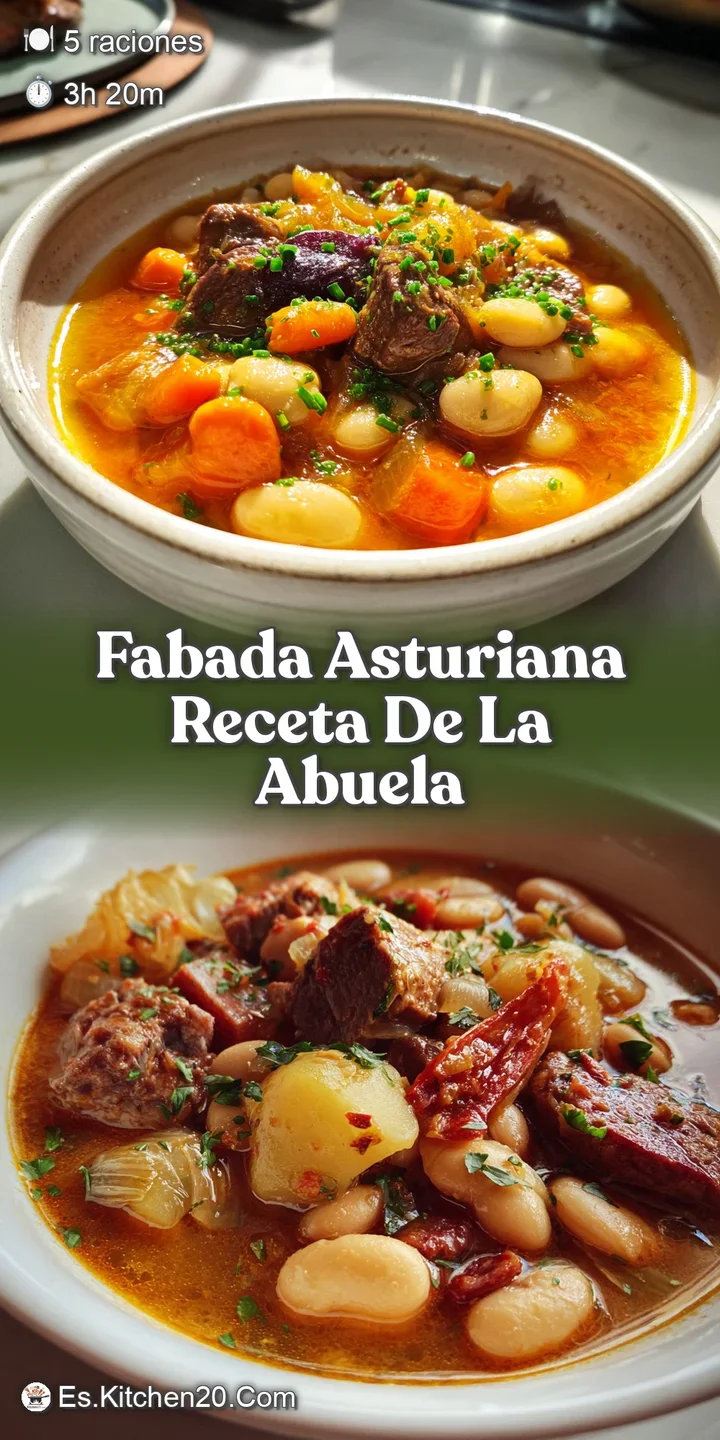 Close-up of creamy, tender white beans swimming with slices of flavorful chorizo and morcilla in a hearty Spanish stew. St...