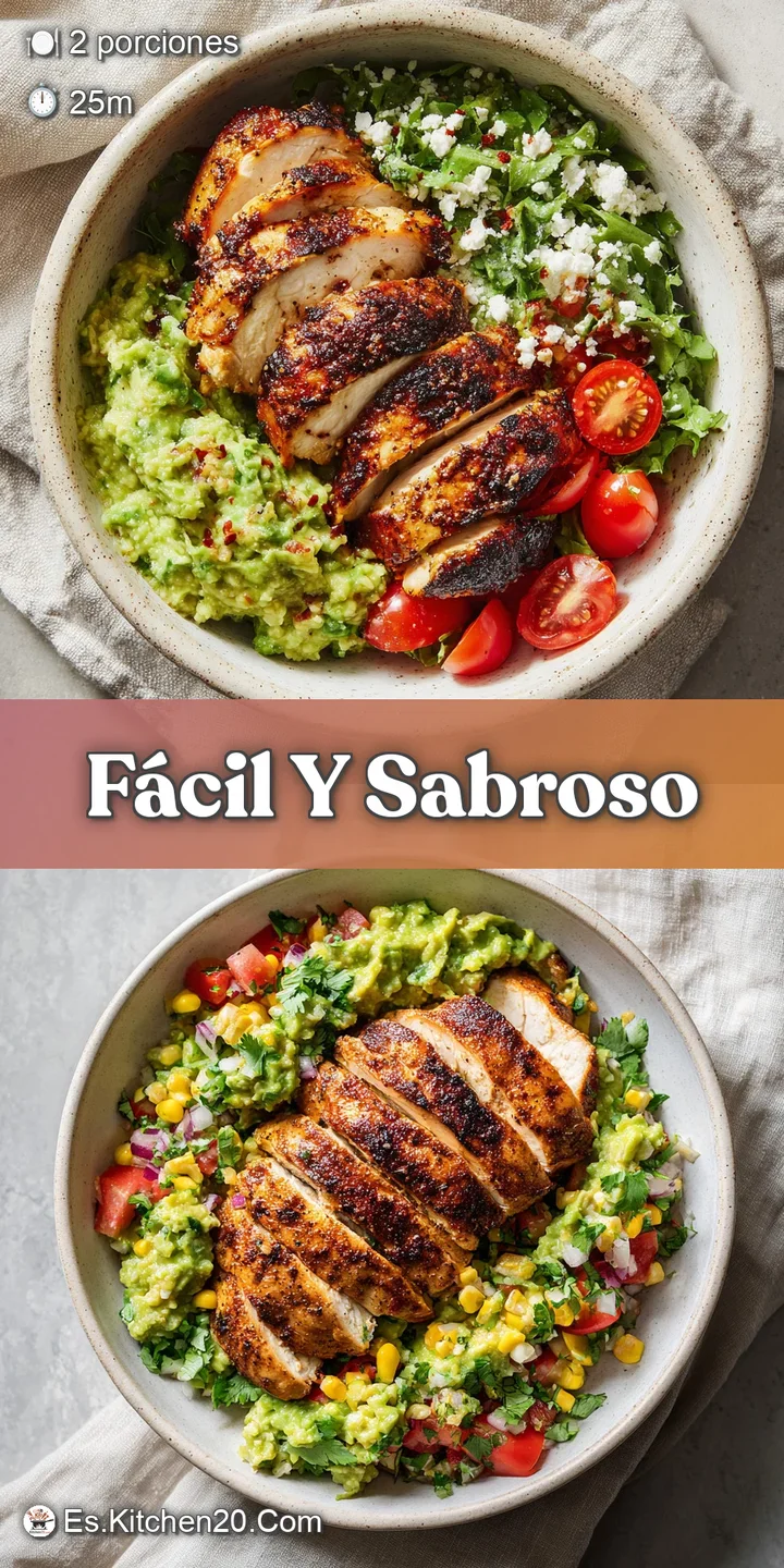 Close-up revealing the rich texture of creamy guacamole alongside juicy, charred grilled chicken. A burst of fresh green c...