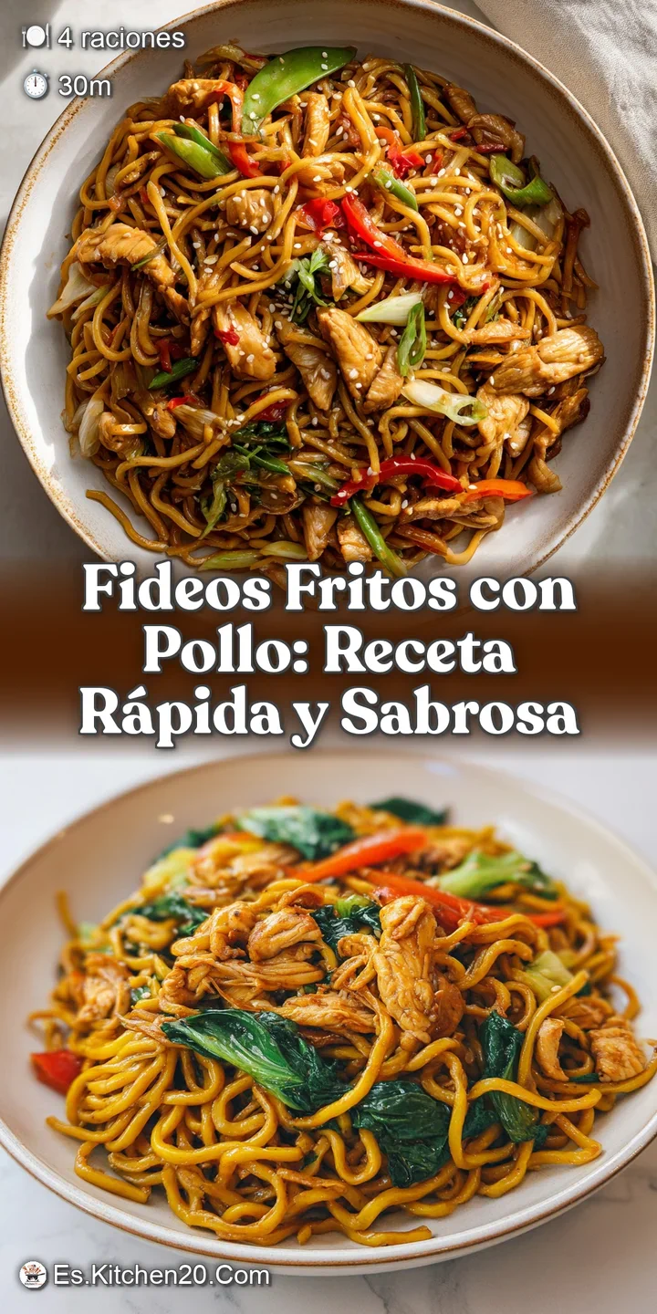 Close-up shot of glistening, perfectly fried noodles and juicy chicken, showcasing its appetizing texture and inviting war...