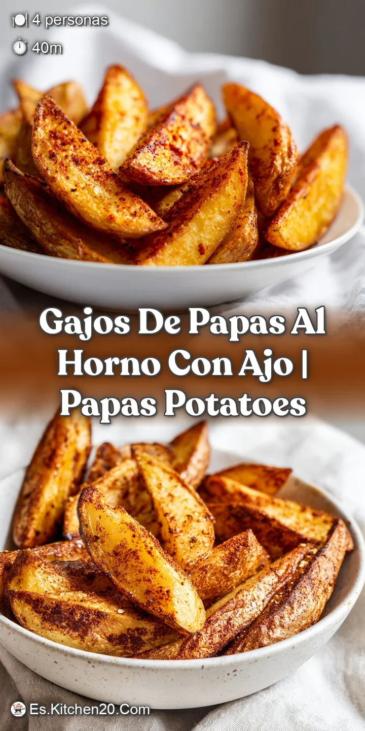 Primer plano de gajos dorados con costra crujiente, trocitos de ajo tostado y un brillo aceitoso muy apetitoso.