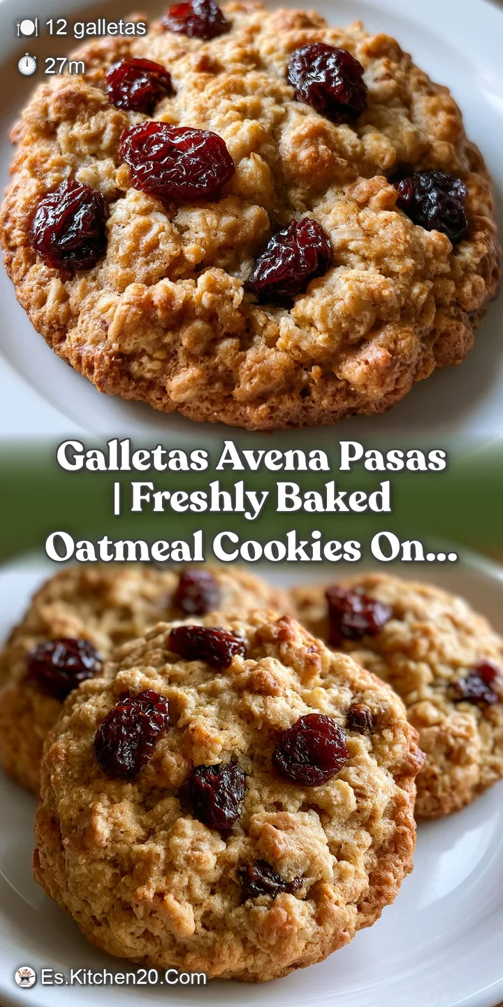 Primer plano de una galleta dorada donde se aprecian los copos de avena y pasas jugosas en una textura tierna y densa.