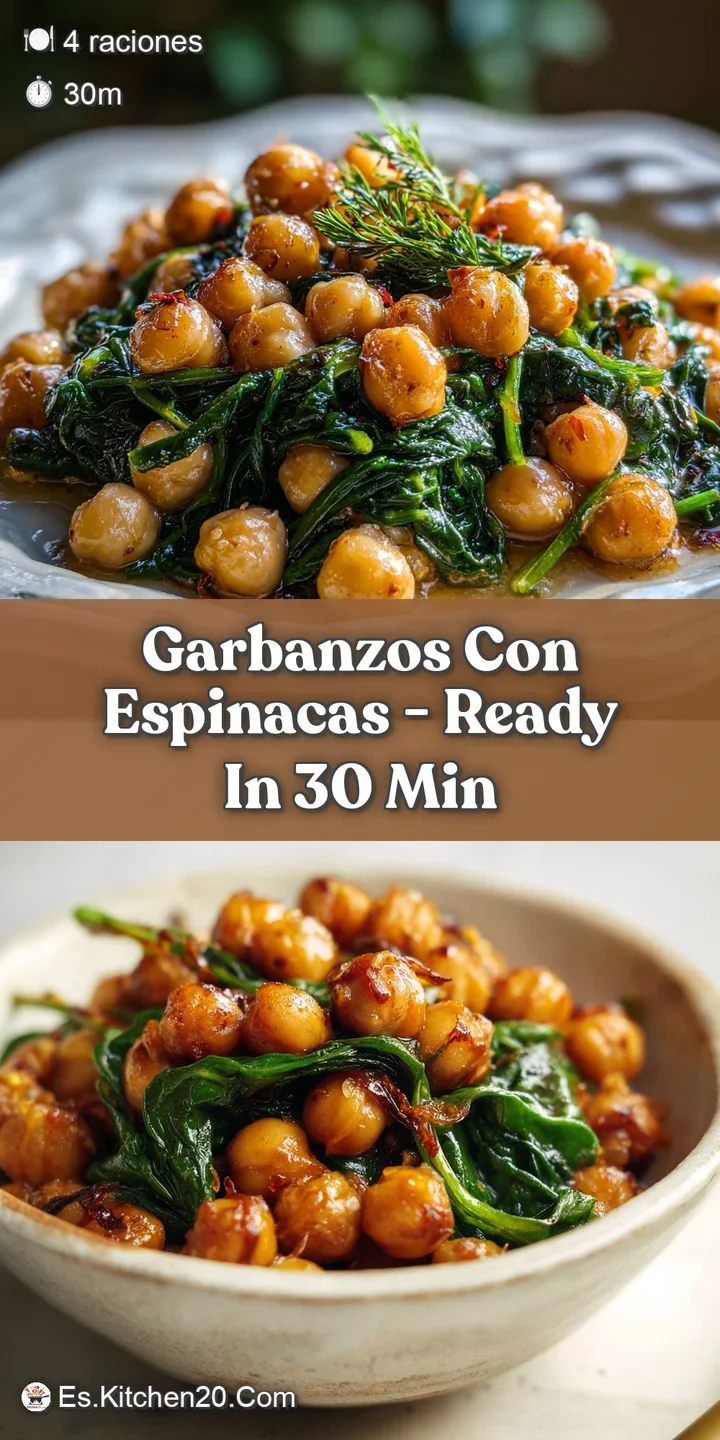 Steaming, close-up shot of soft chickpeas nestled in bright green spinach with glistening olive oil and a dusting of red p...
