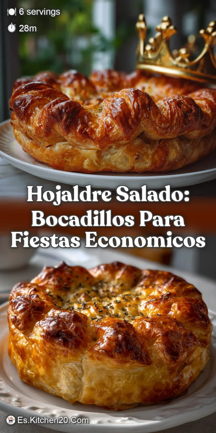 Close-up of a pastry square revealing layers of flaky dough, glistening caramelized onions, and bubbling, browned cheese, ...