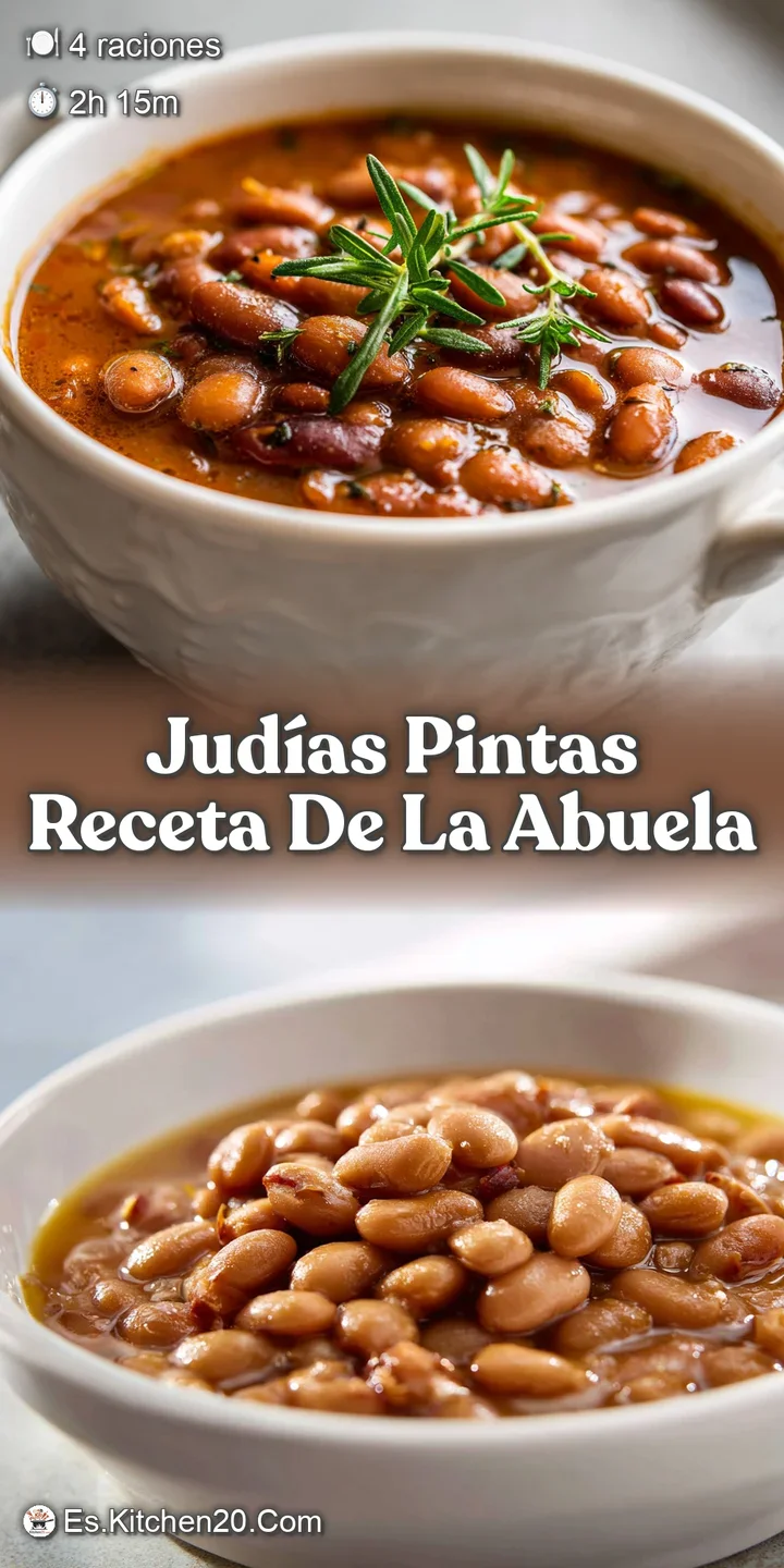 Close-up of creamy pinto beans in a savory, deep broth, with hints of tomatoes & spice; a comforting, appetizing, rustic f...