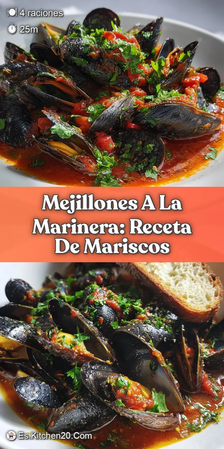 Close-up showcasing plump, juicy mussels glistening in a flavorful, reddish-brown marinera sauce with herb sprinkles.