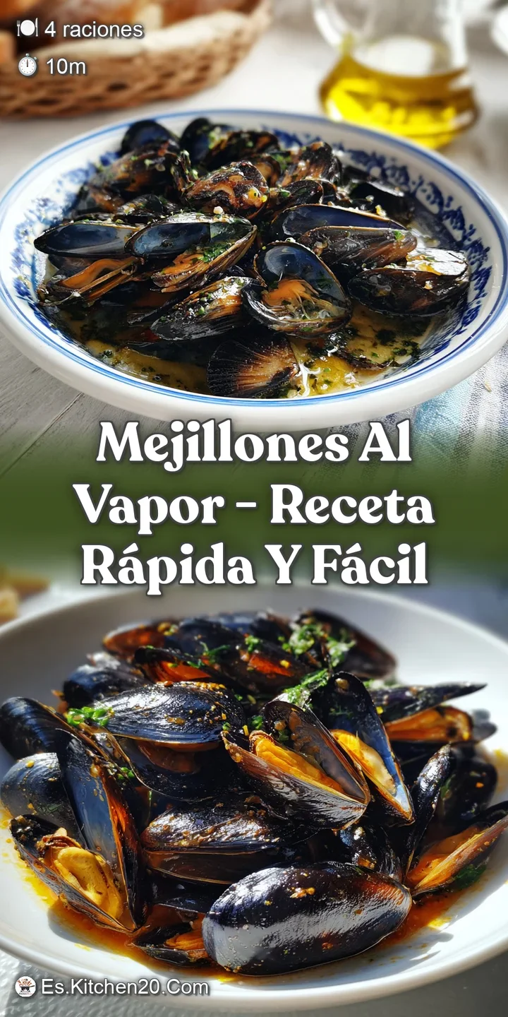 Close-up of juicy, open mussel shells, glistening with broth and herbs. Inviting steam hints at the dish's delicious warmth.