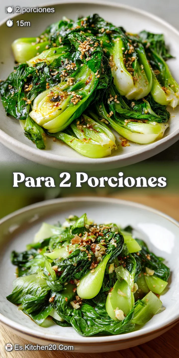 Close-up of glistening pak choi leaves in a savory sauce, highlighting the fresh greens and savory glaze, enticingly delic...