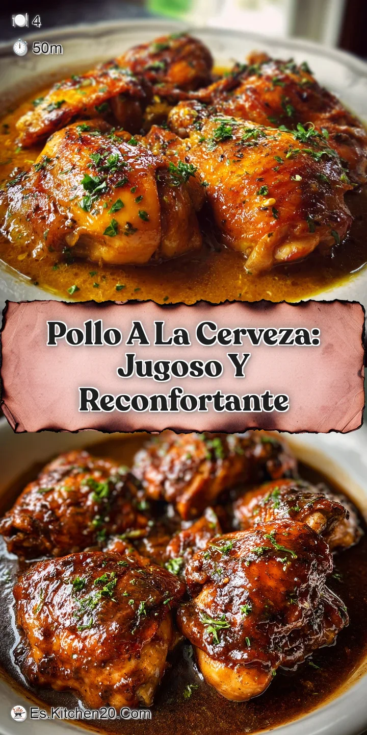 Close-up of juicy, tender chicken simmered in a rich, amber beer sauce. Skin is crispy, moist and glistening, with aromat...