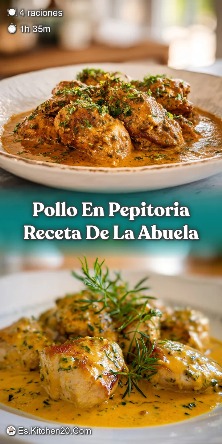 Appetizing close-up of tender chicken simmering in a glossy, golden sauce, flecked with green peas and fragrant spices. De...