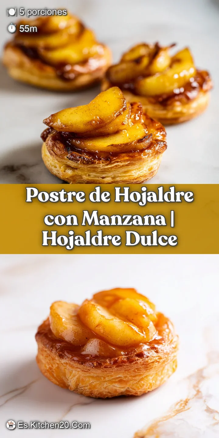 Primer plano de hojaldre aireado y dorado con trozos de manzana jugosa y canela, resaltando su textura brillante.