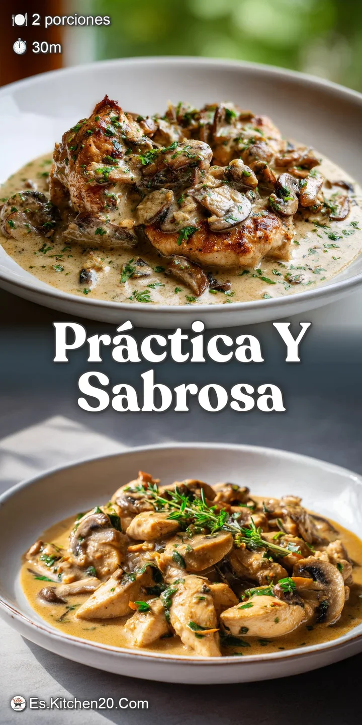 Close-up of glistening chicken and earthy mushrooms in a velvety cream sauce, promising a delightful and savory bite.