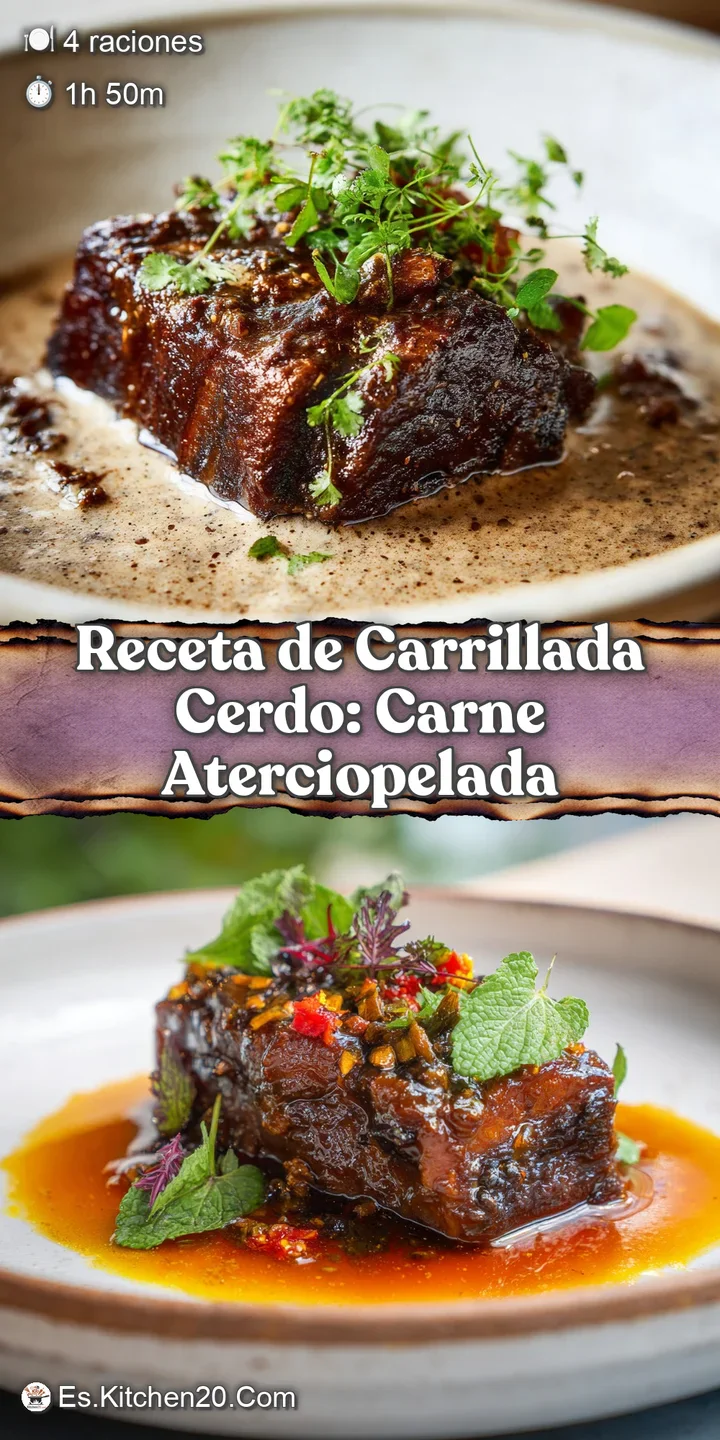 Close-up of tender, melt-in-your-mouth braised pork, glistening with savory red wine reduction and flecks of fresh herbs. ...