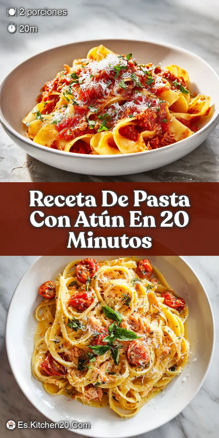 Close-up of Pasta con At&uacute;n, highlighting the tender tuna flakes and fresh parsley, coated in a rich, inviting creamy sauce...