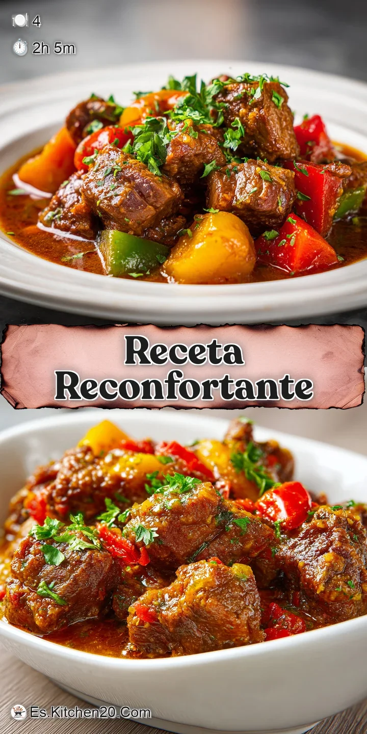 Close-up of tender lamb simmering in a flavorful sauce. Notice the soft potatoes and sweet peppers, ready to warm you from...