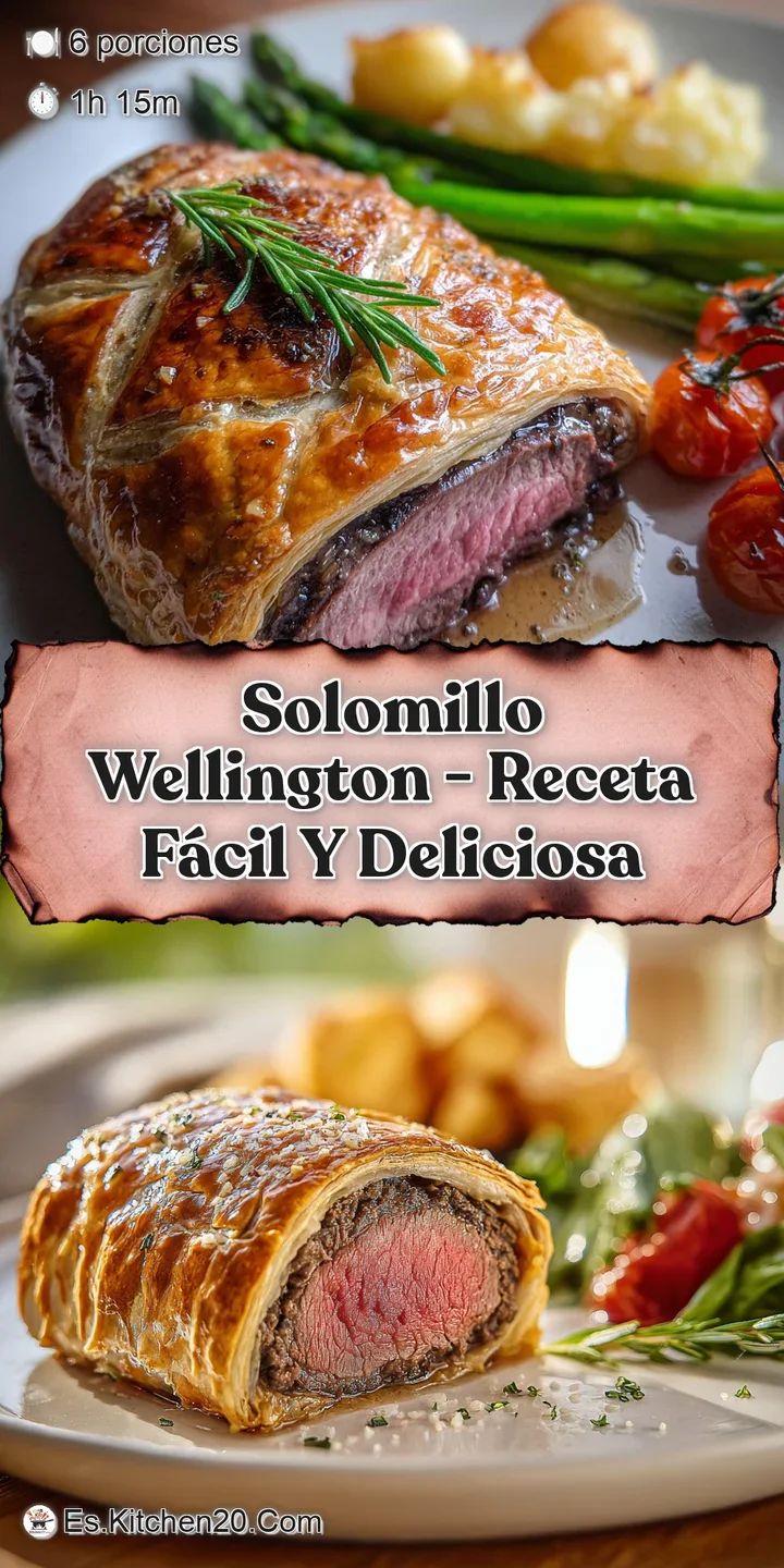 Close-up of Solomillo Wellington: Juicy pink beef, buttery pastry, and rich sauce create an irresistibly flavorful impress...