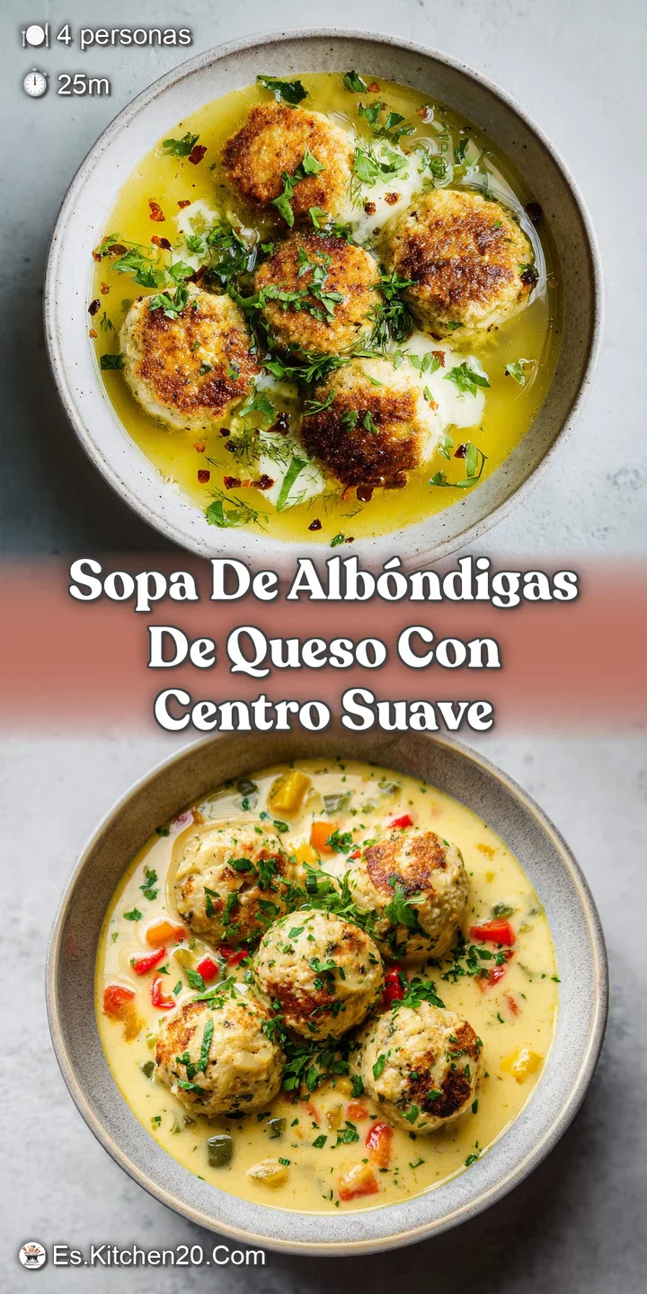 Close-up of savory meatball soup with melted cheese. Cilantro adds a fresh touch to this comforting dish.