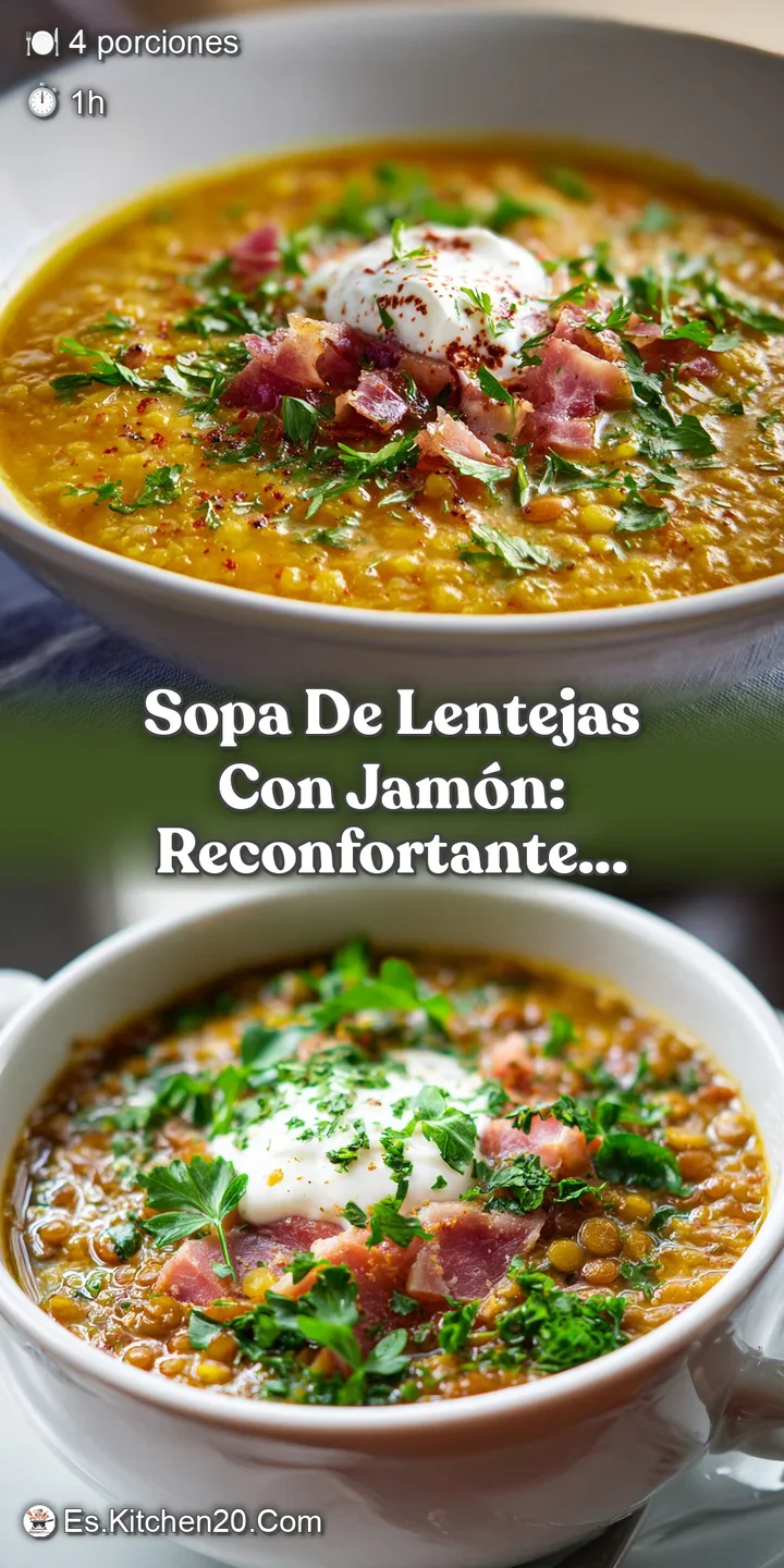 Close-up of simmering lentil soup, showcasing the tender lentils, savory ham chunks, and fragrant herbs in a rich broth.
