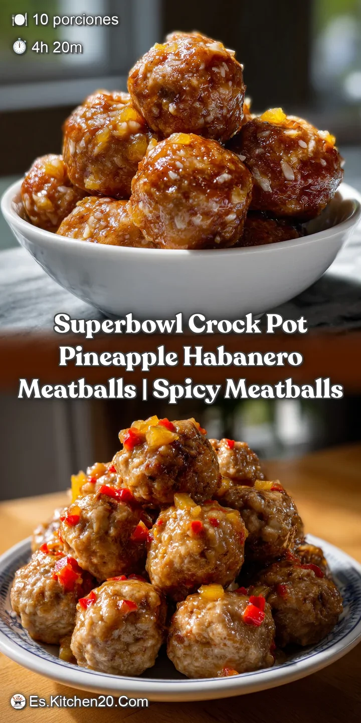 Close-up shot: a juicy meatball coated in a rich, reddish-orange glaze, studded with visible bits of pineapple, appearing ...