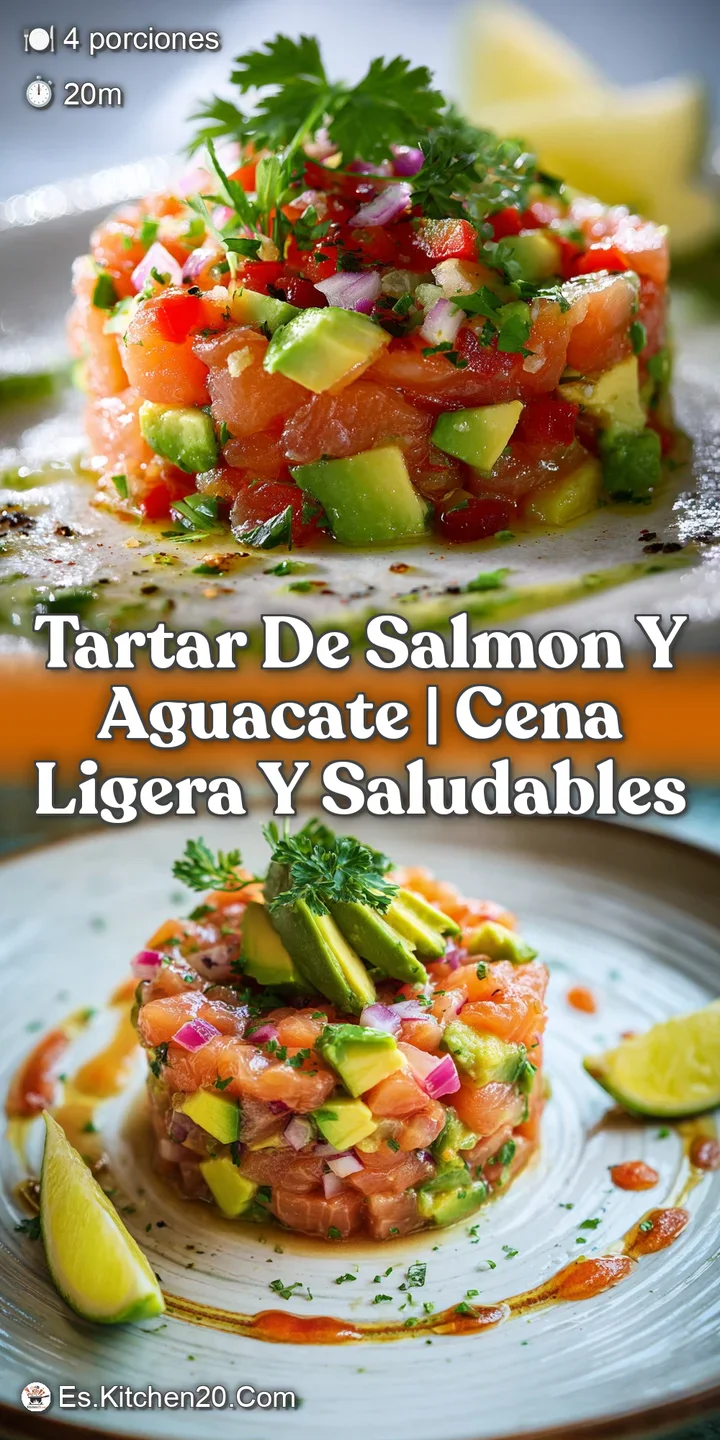 Close-up of a salmon and avocado tartar; glistening salmon contrasts with the soft green avocado and vibrant cilantro garn...
