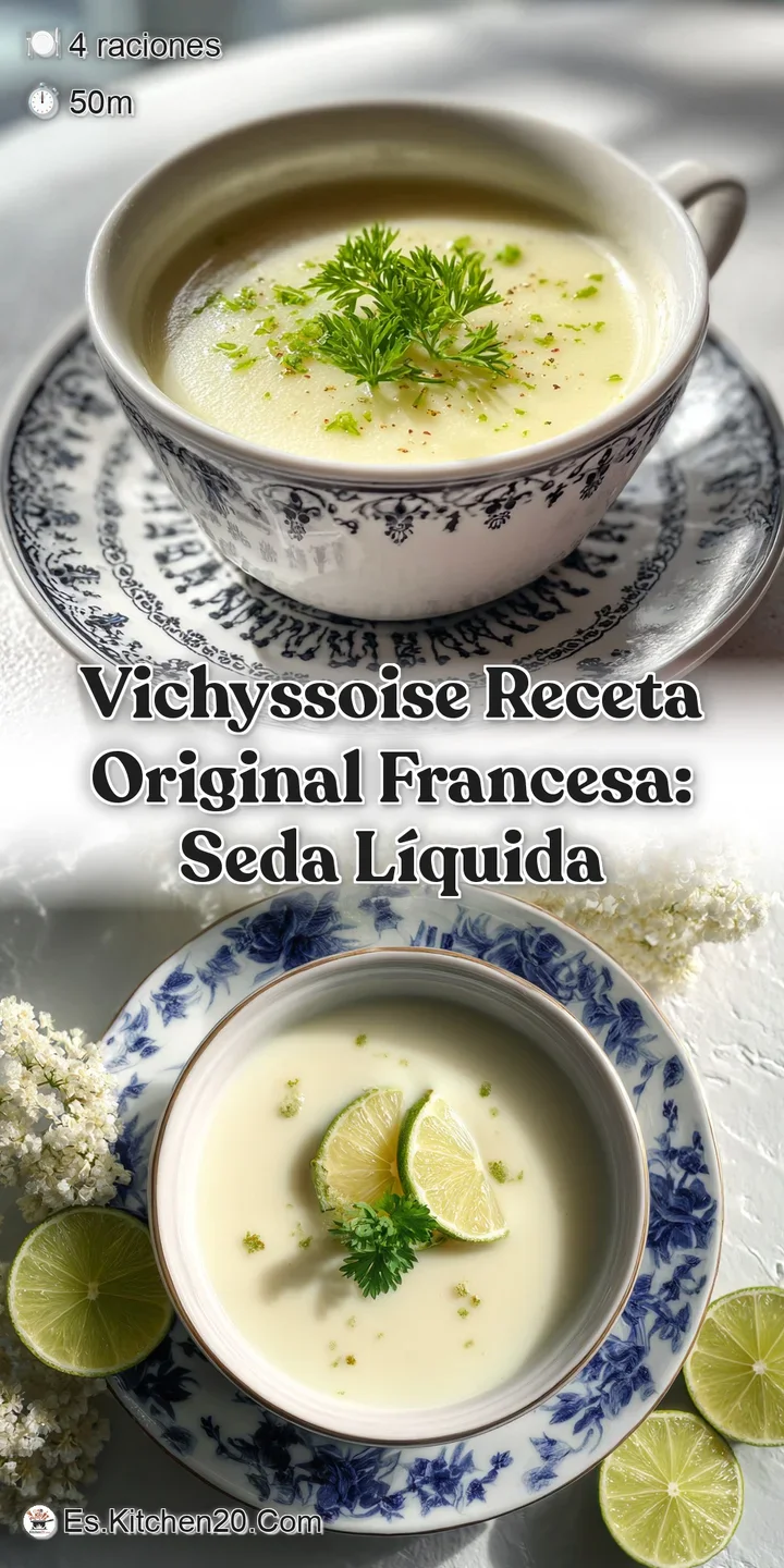 Close-up of smooth, velvety vichyssoise. Fresh chives add a bright pop of color to the pale, creamy soup.