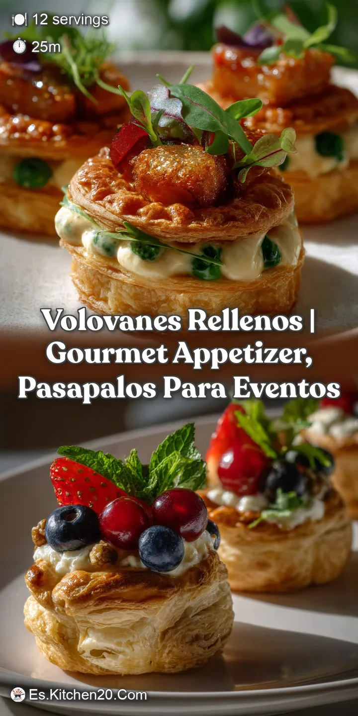 Close-up of a perfectly filled vol-au-vent. The golden, crispy pastry casing holds a vibrant, creamy filling that looks in...