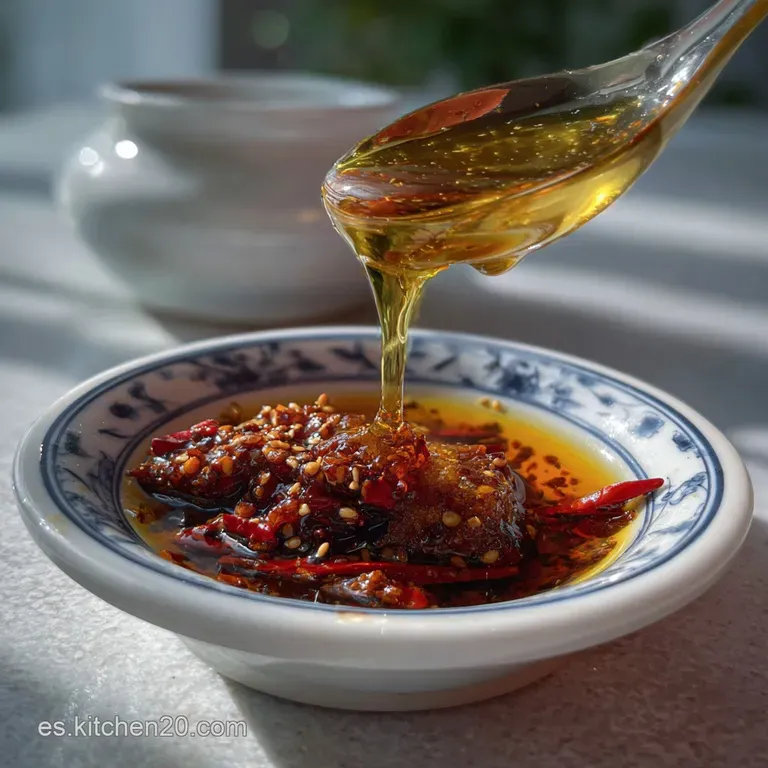 Small bowl of chili oil, deep crimson hue, sits atop a textured wooden surface. Hints of spice and umami beckon the senses.