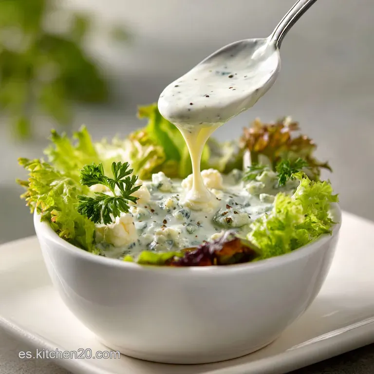 Elegant drizzle of thick, ivory-colored blue cheese dressing over vibrant green salad leaves. Crumbles of blue cheese scat...