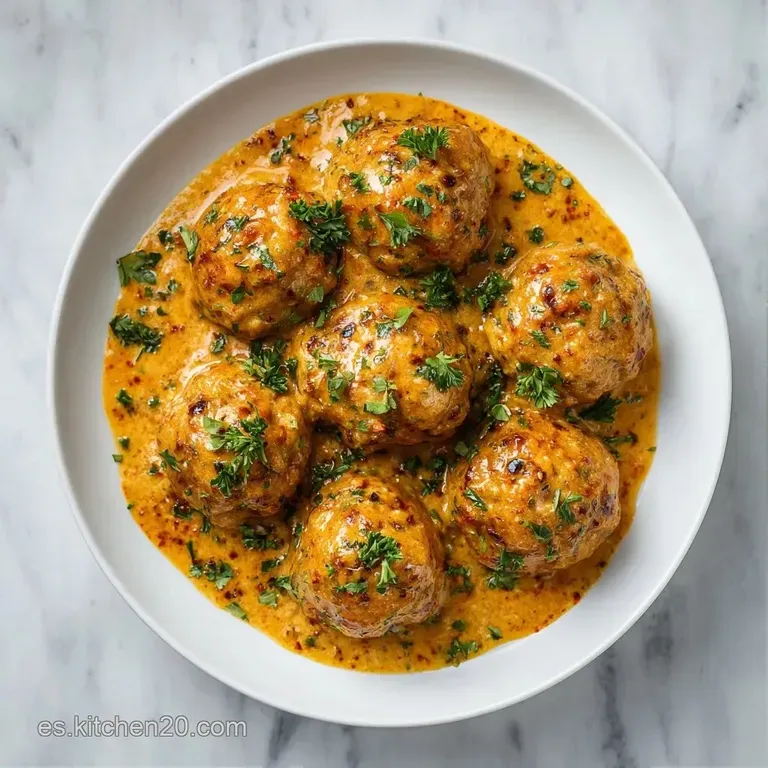 Plato cer&aacute;mico con esferas doradas cubiertas de salsa brillante y espesa, decoradas con hierbas verdes y pimienta negra.