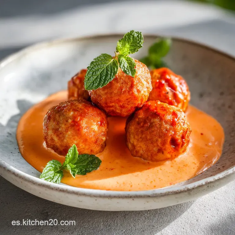 A single serving of juicy meatballs in smoky red sauce, artfully plated with crusty bread and a sprinkle of bright parsley.