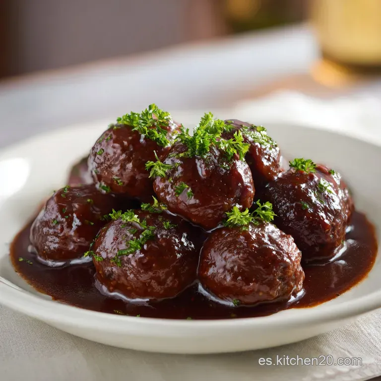 Plato elegante con alb&oacute;ndigas jugosas, salsa espesa y brillante, decorado con perejil fresco sobre fondo neutro claro.